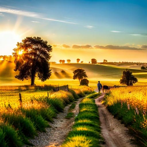 Summer Meadow Landscape with Walking Couple