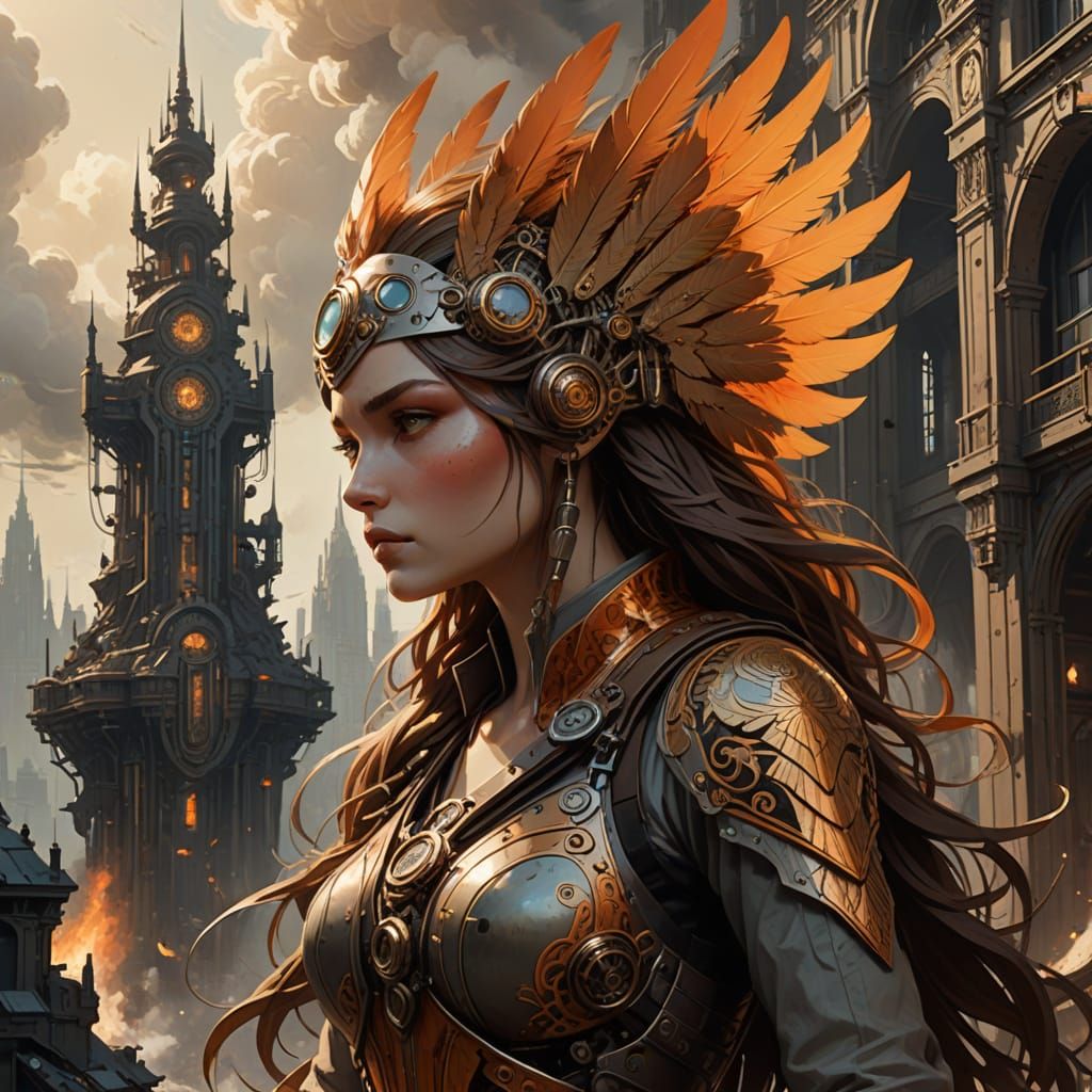 Dieselpunk Phoenix Rises from Futuristic City Ruins