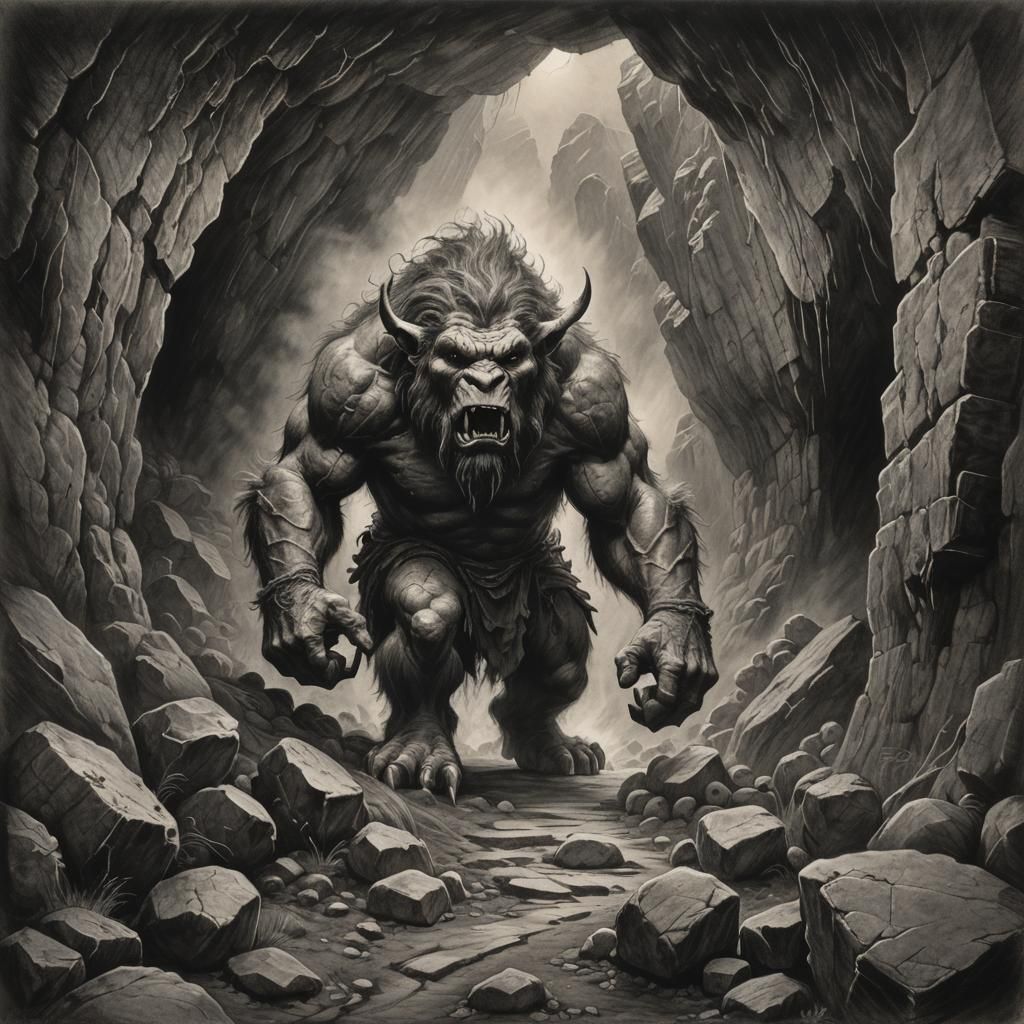 Cave Troll Chasing Sheep: Detailed Charcoal Drawing
