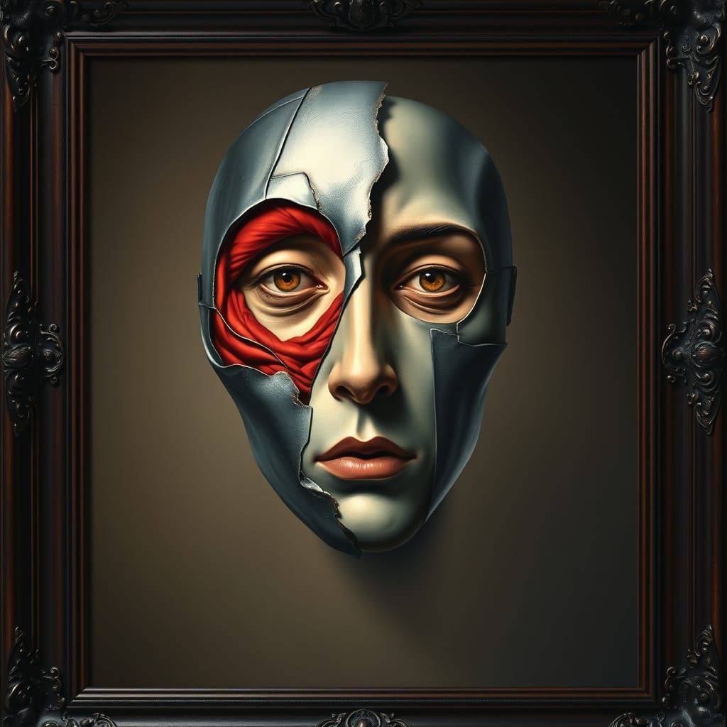Surreal Fragmented Mask Portrait in Dalí Style