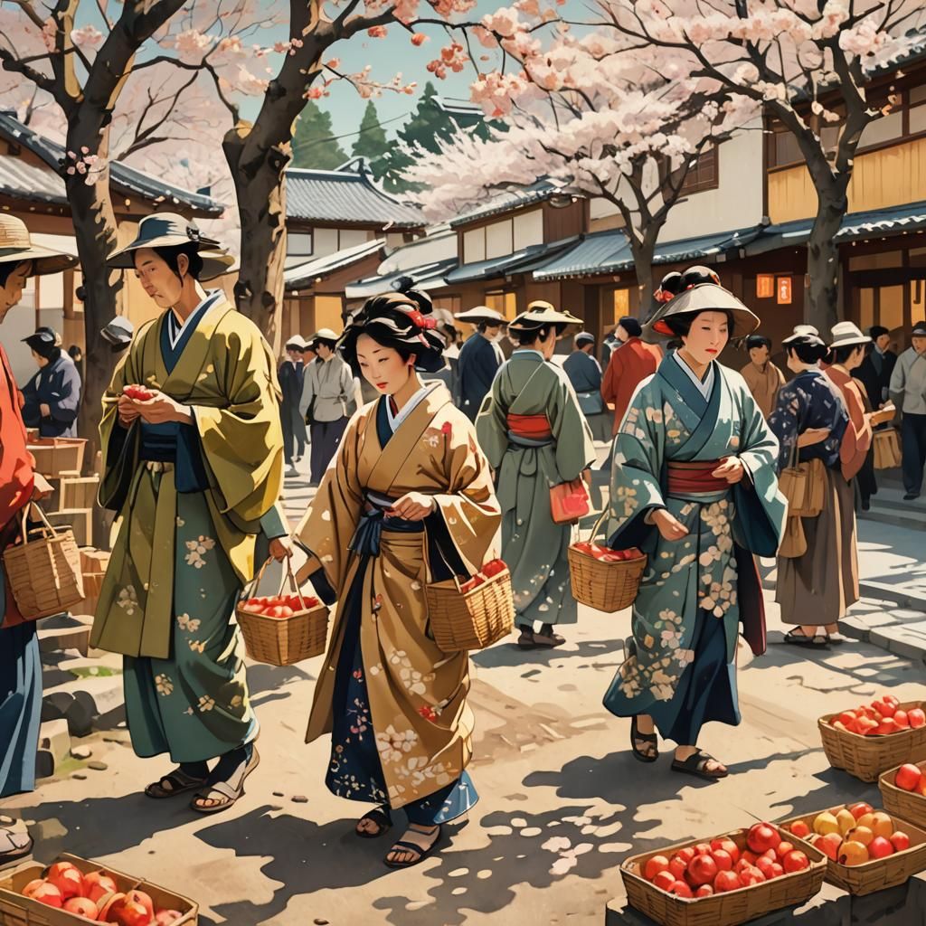 Japanese Market Scene in Ukiyo-e Style