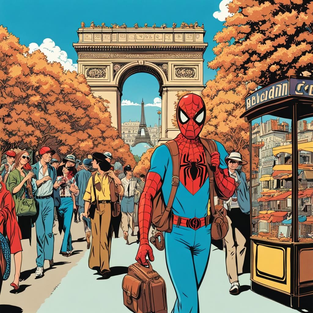 Spiderman on Vacation in Paris, 1970s Comic Style