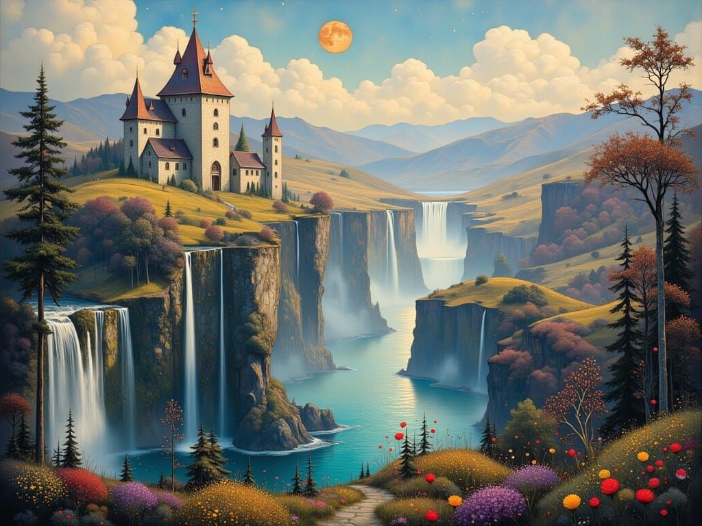Vibrant Dreamscape with Waterfalls in Art Nouveau Style