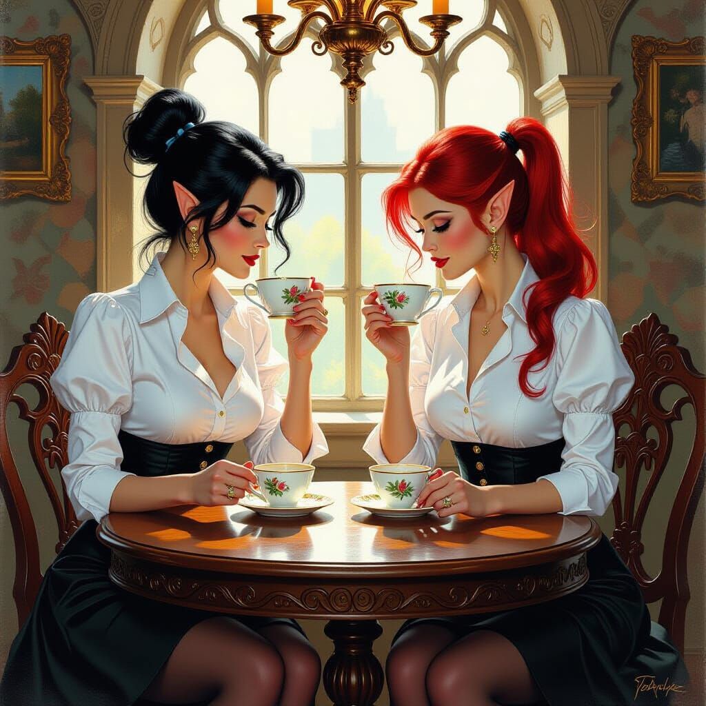Elven Tea Party: A Fantasy Oil Painting