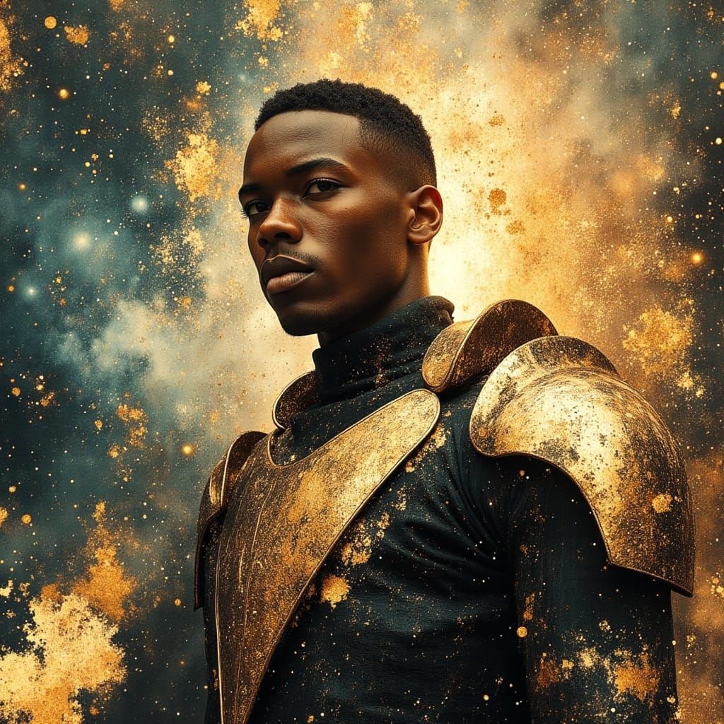 Black Warrior God in Futuristic Armor Amidst Nebulae