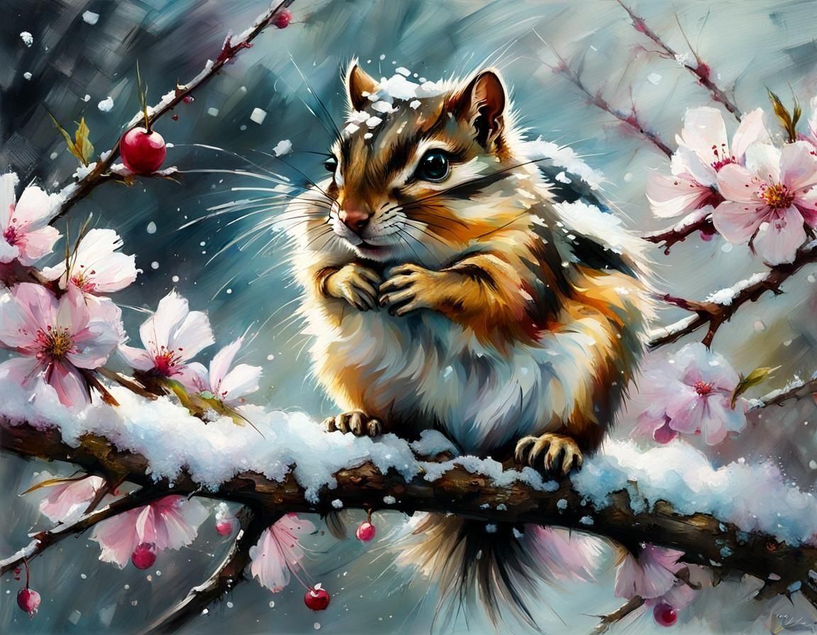 Fluffy Chipmunk in Snowy Cherry Blossoms