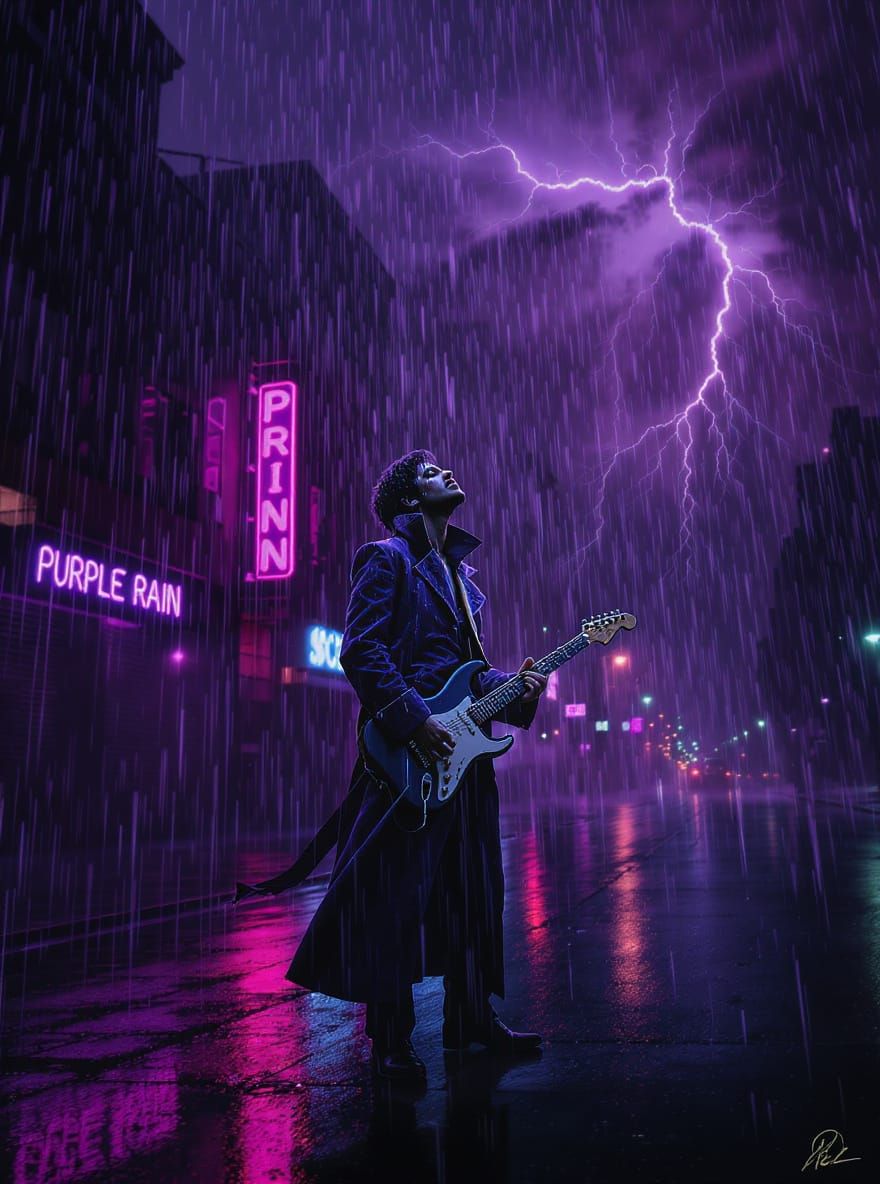Purple Rain: Nostalgic Cityscape in Neon Lights