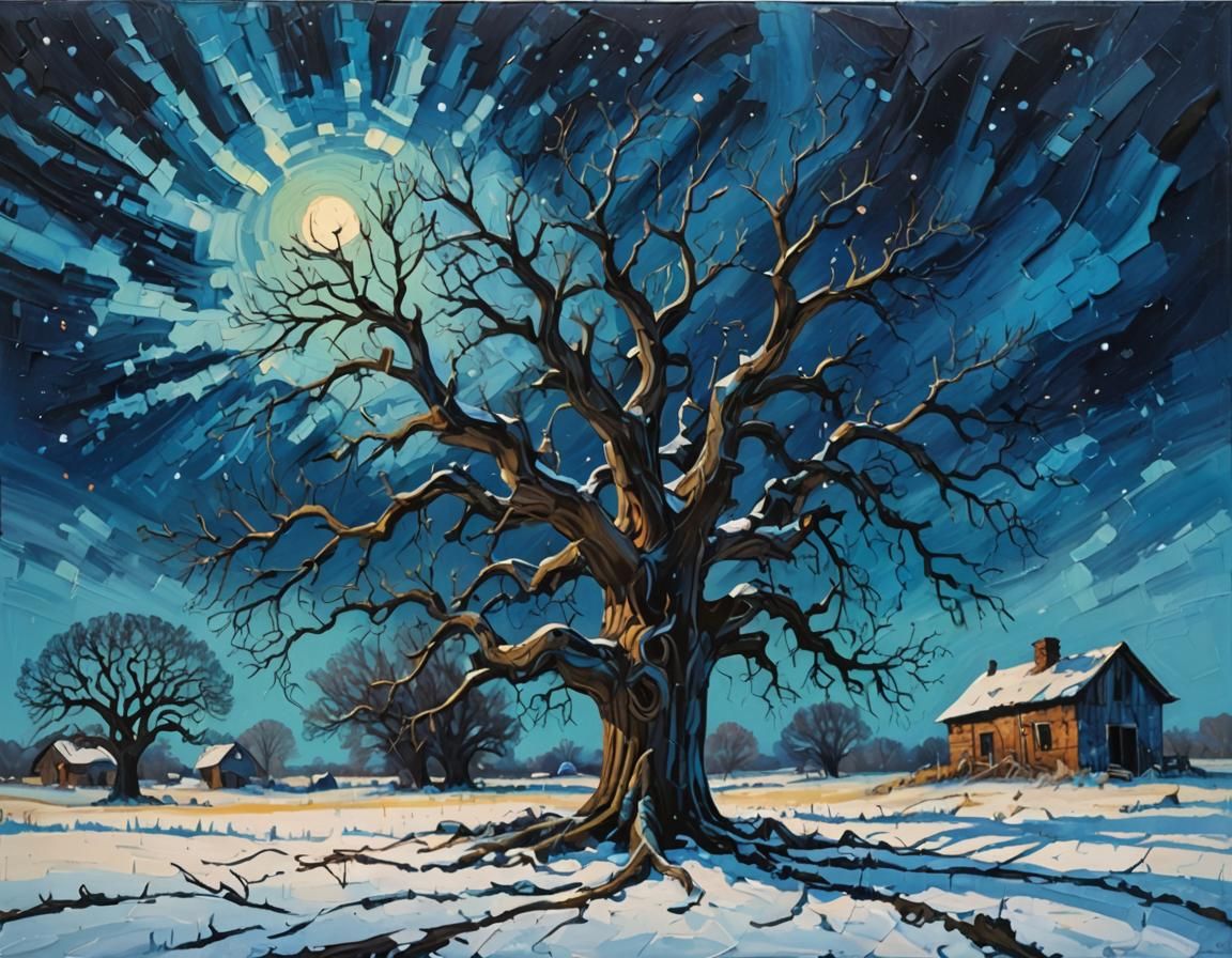 Snowy Oak Tree in Abstract Expressionist Style