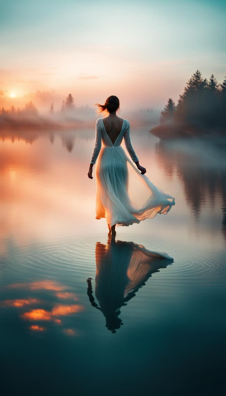 Ethereal Woman Walking on Water in Dreamscape