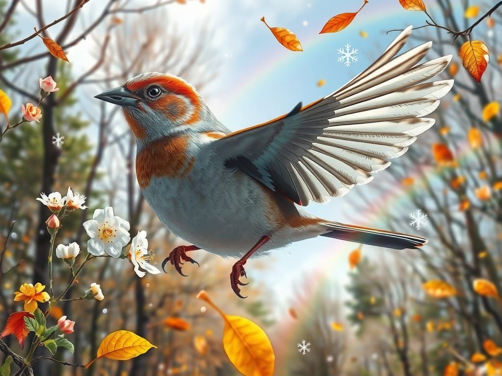 Sparrow's Seasonal Journey Through Forest, Detailed Painting