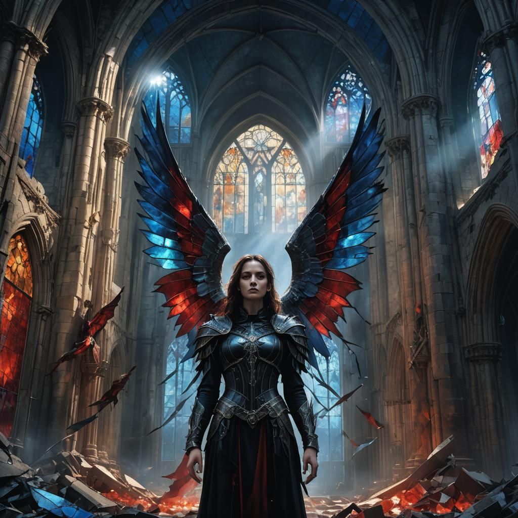 Angel vs Devil in Gothic Church, Fantasy Art