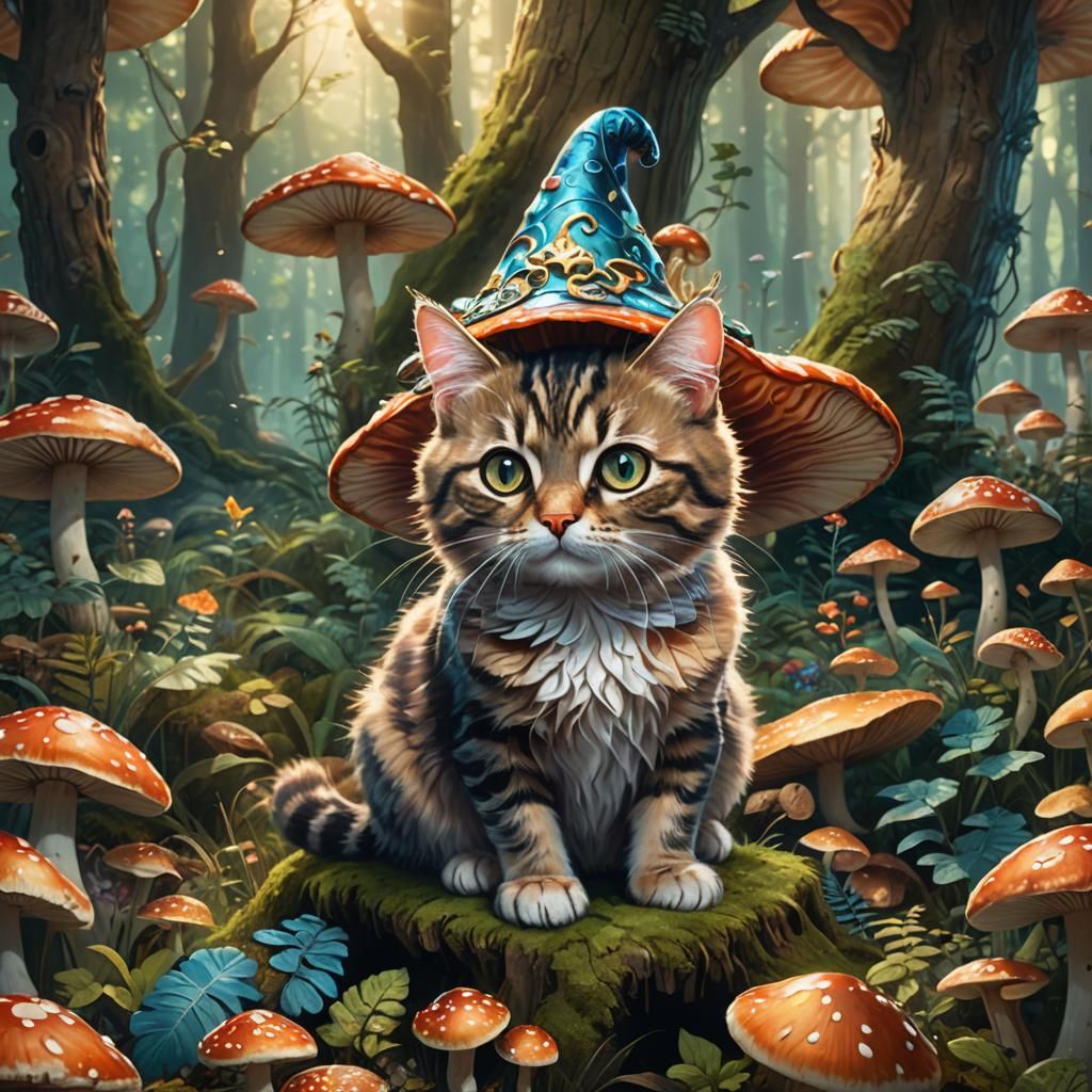 Cute Cat on Mushroom in Mystical Forest