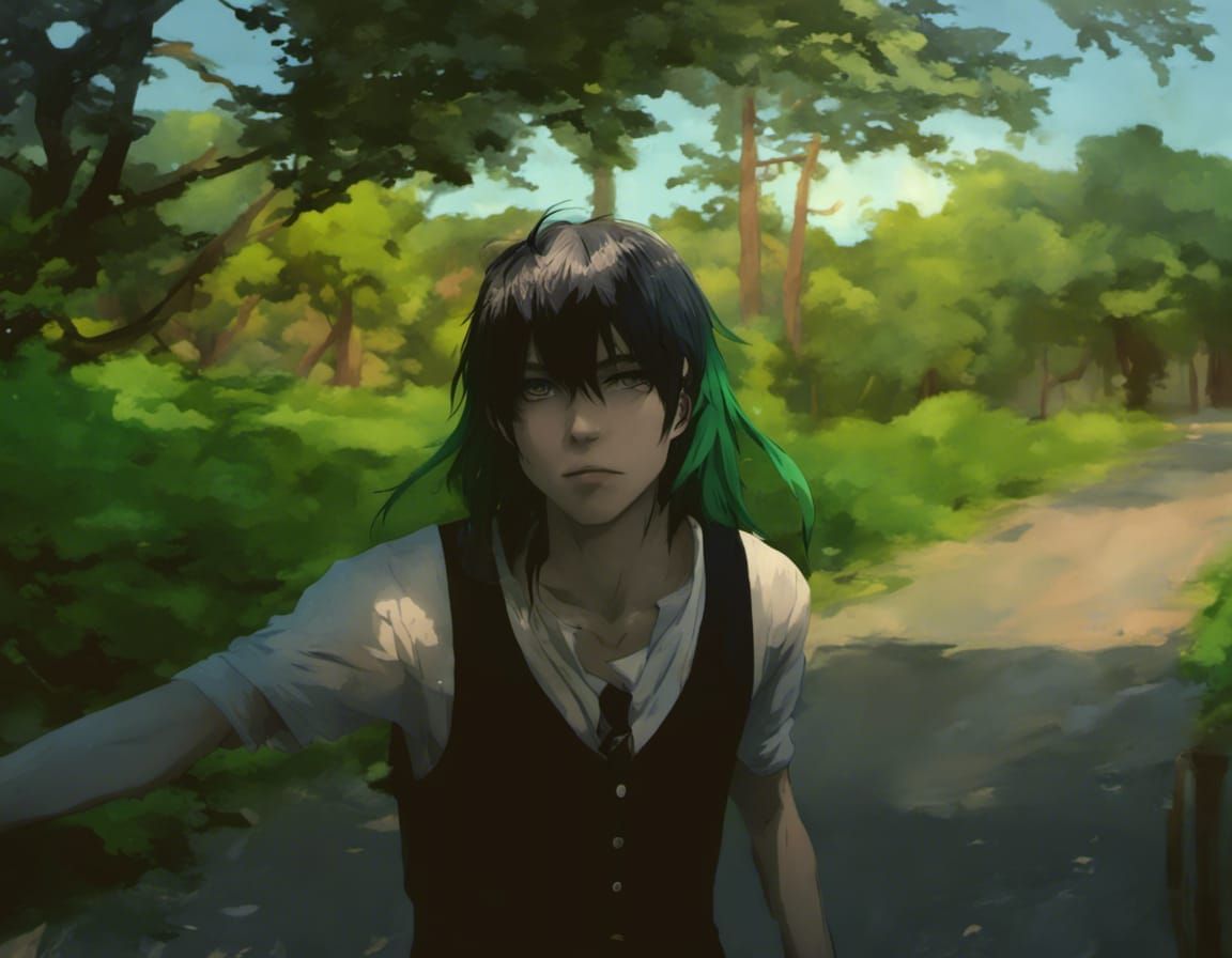 Anime Style Portrait of Green Haired Boy