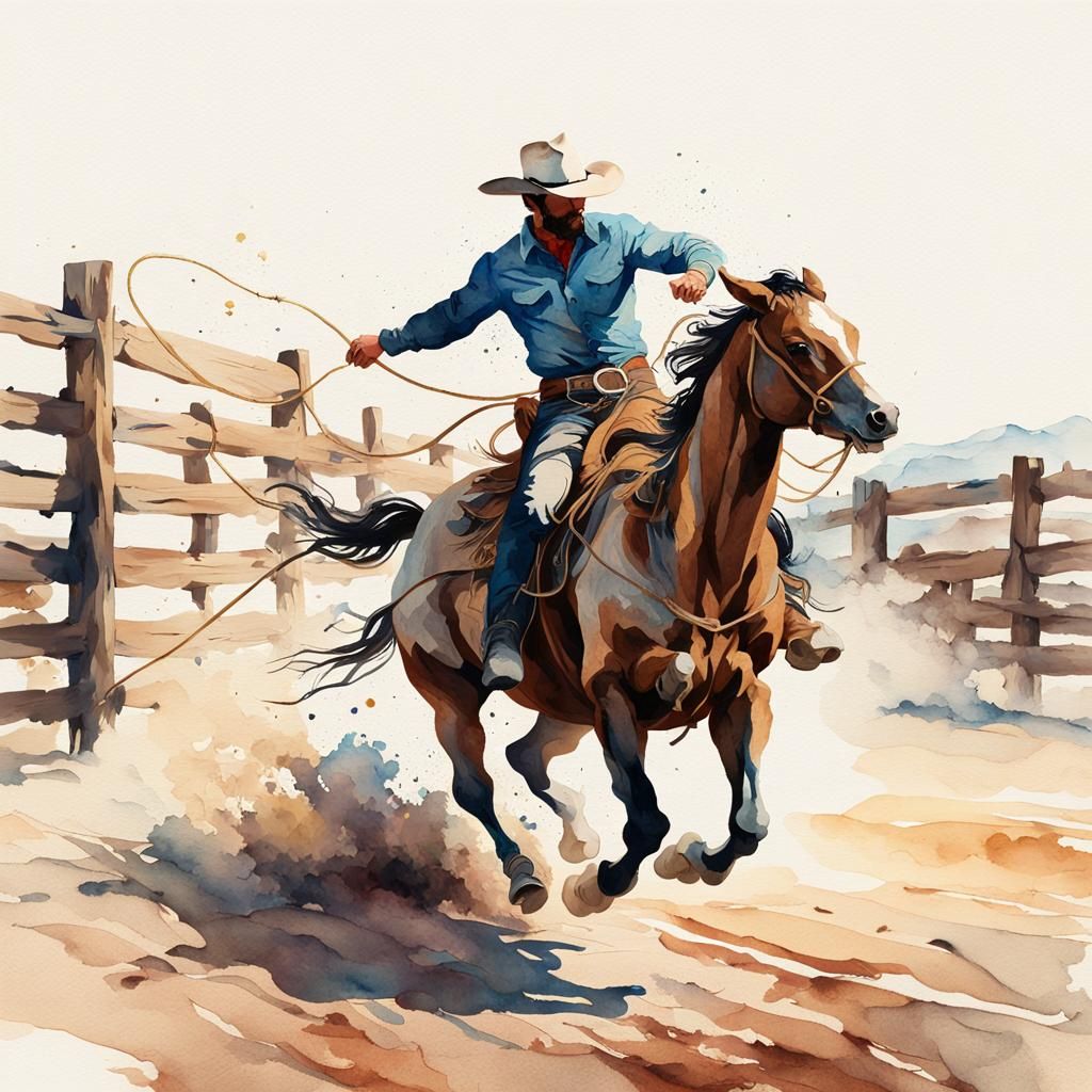 Cowboy Rodeo Watercolor Painting with Lasso