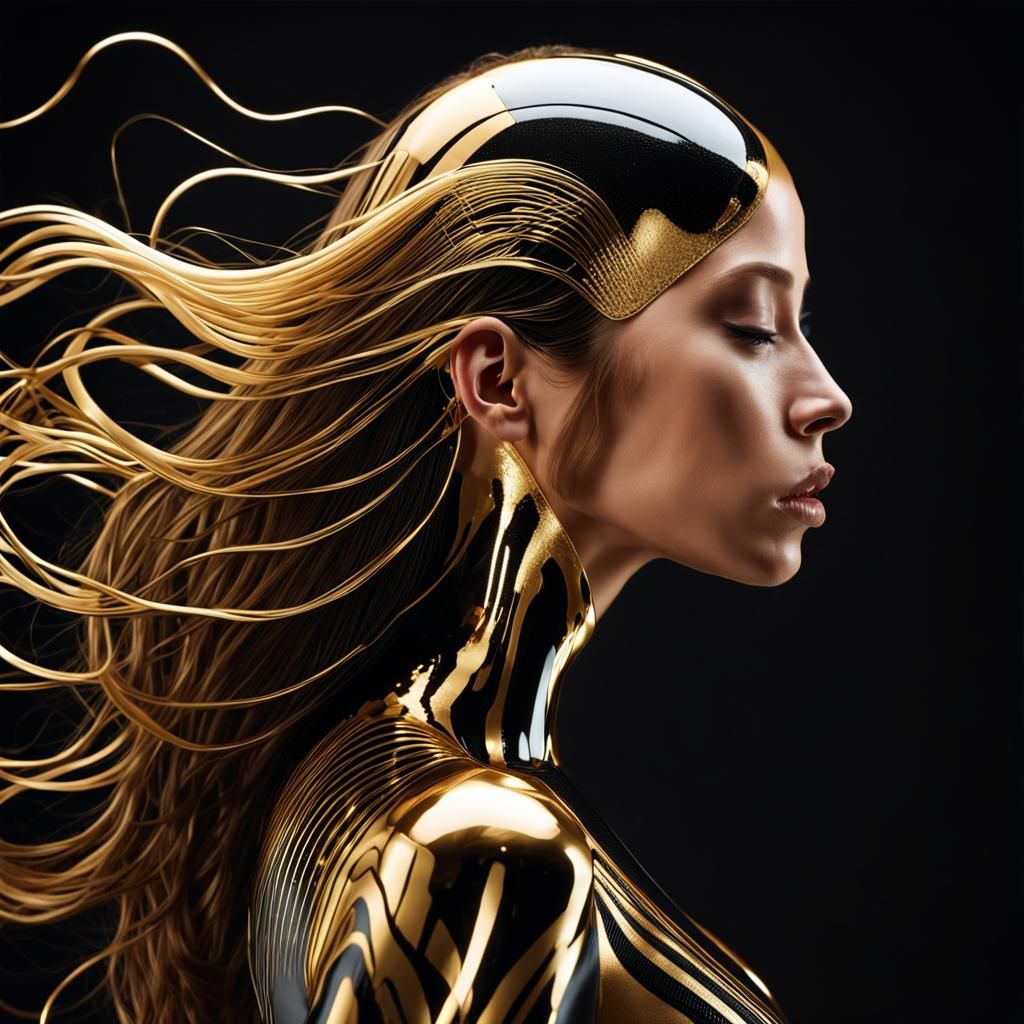 Futuristic Woman in Black and Gold Bodysuit