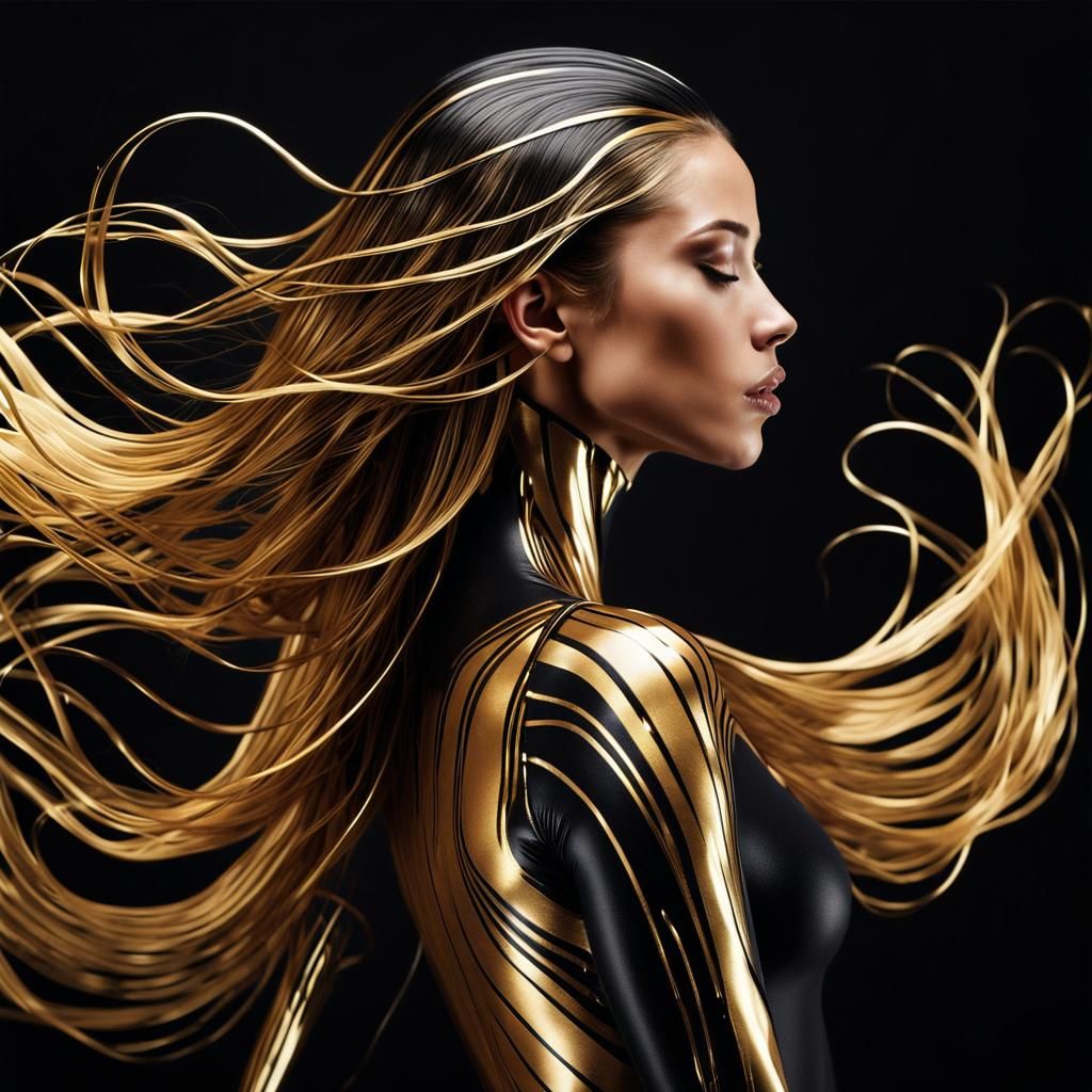 Futuristic Woman in Black and Gold Bodysuit