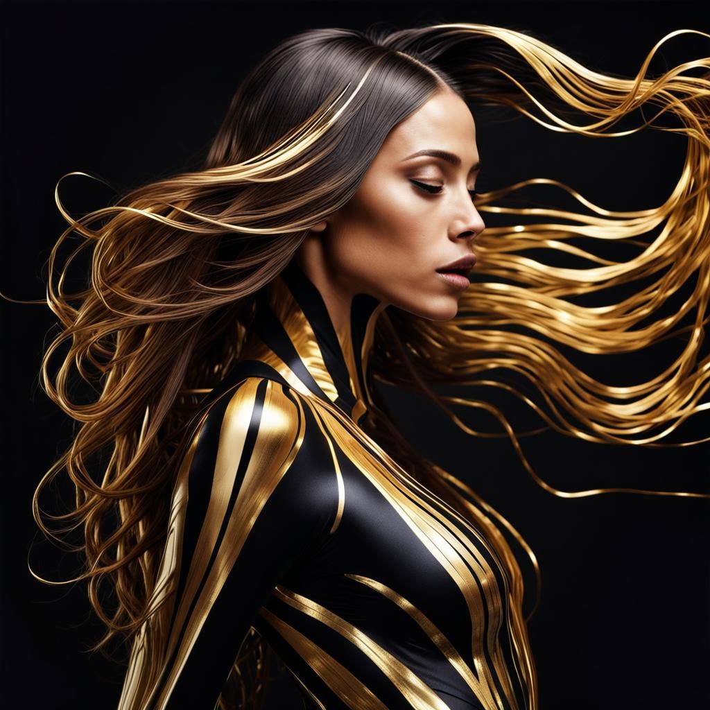 Futuristic Woman with Liquid Gold Hair in Black and Gold