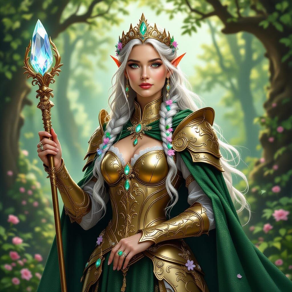 Renaissance Elf Queen in Emerald Cape with Crystal Scepter