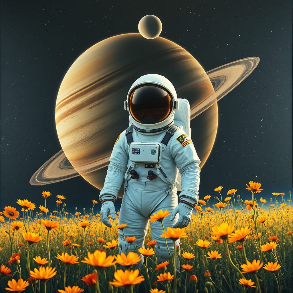 Astronaut in Glowing Meadow with Saturn in Deep Space