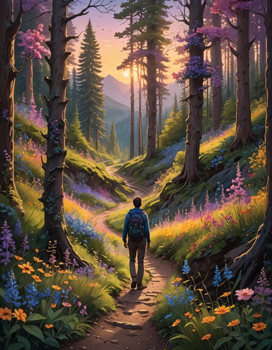 Fantasy Hiker in a Whimsical Forest Landscape