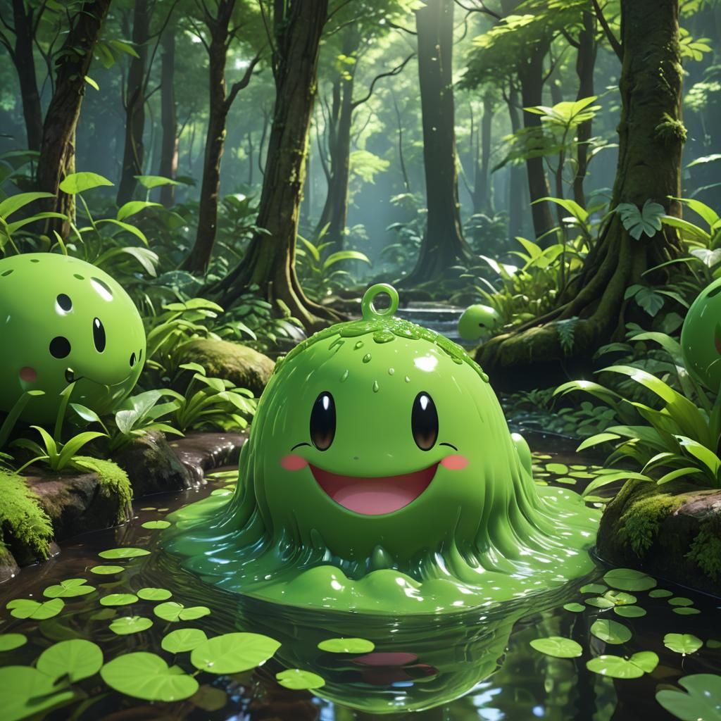 Adorable Slime Bathes in Lush Forest Grove