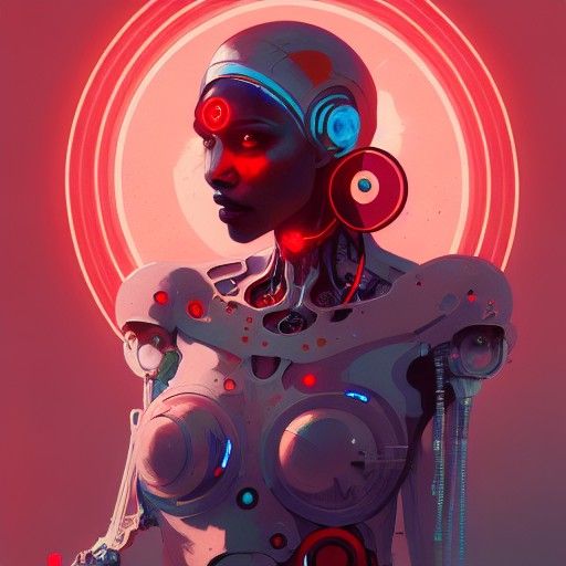 Cyborg Portrait with Red Headscarf, Digital Illustration