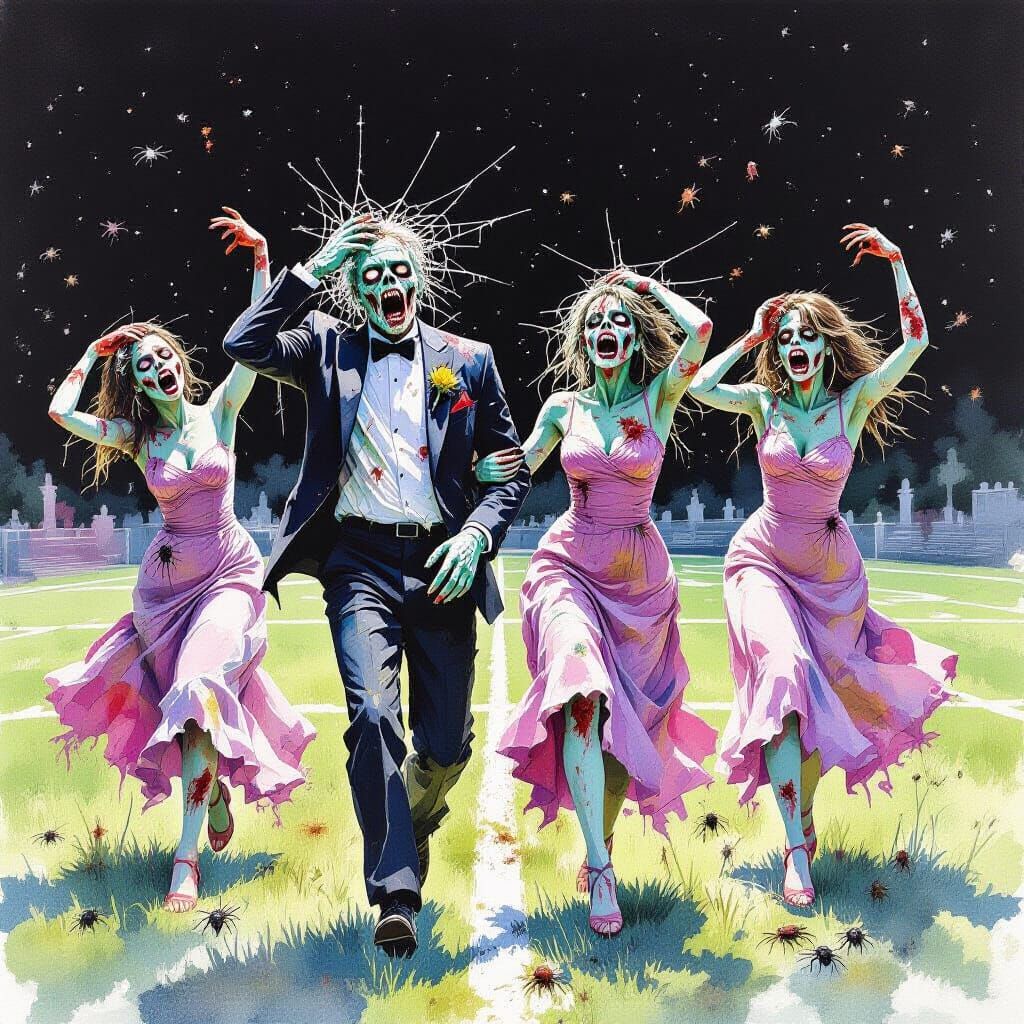 Zombies Dance at Abandoned Prom in Watercolor Splash Art