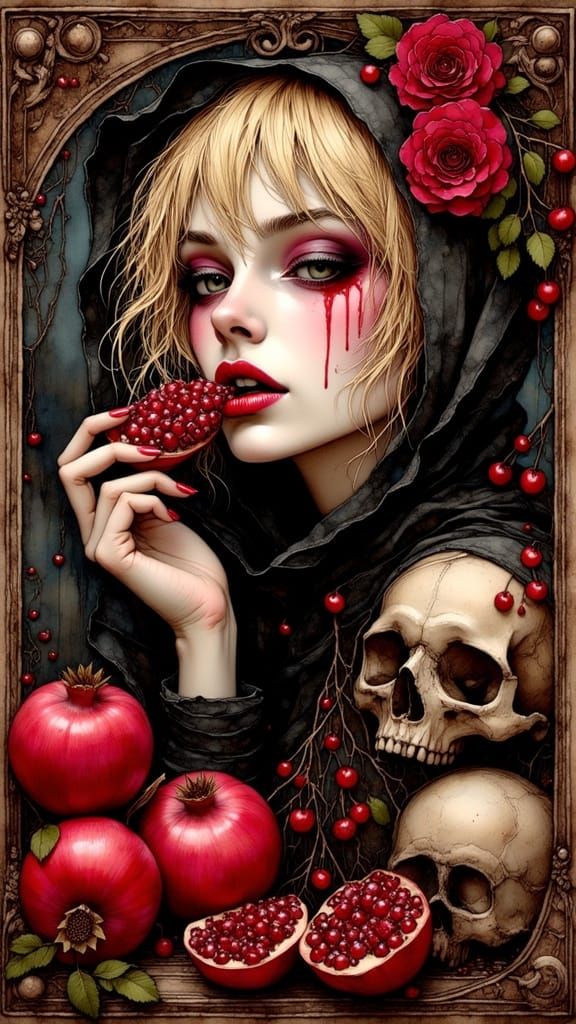 Persephone in Dark Red Tones, Veiled and Eating Pomegranate ...
