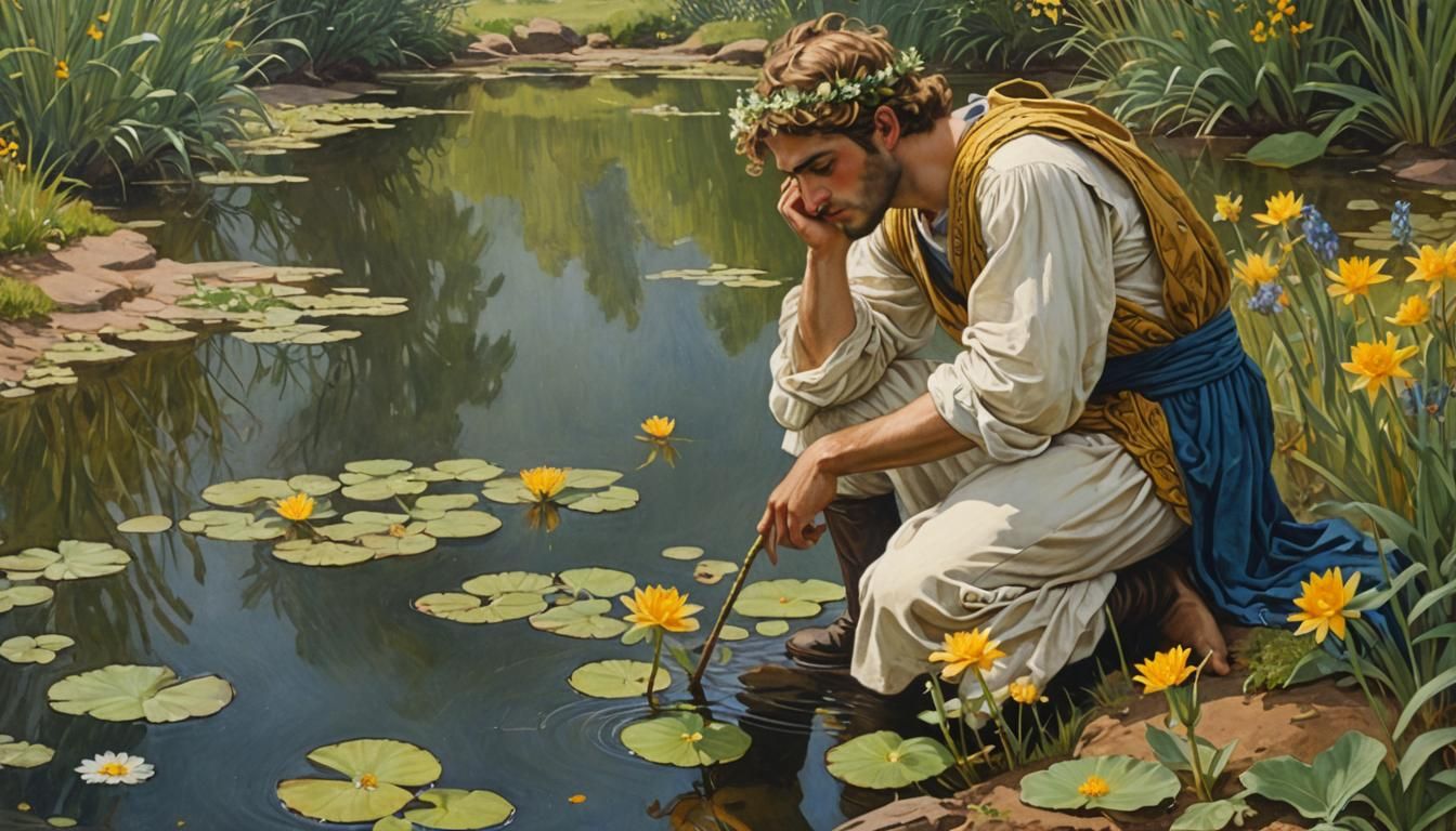 Narcissus Gazing at Reflection, Gouache Painting