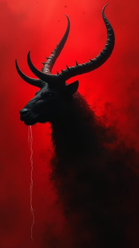Mythical Antlered Creature in Abstract Red Void