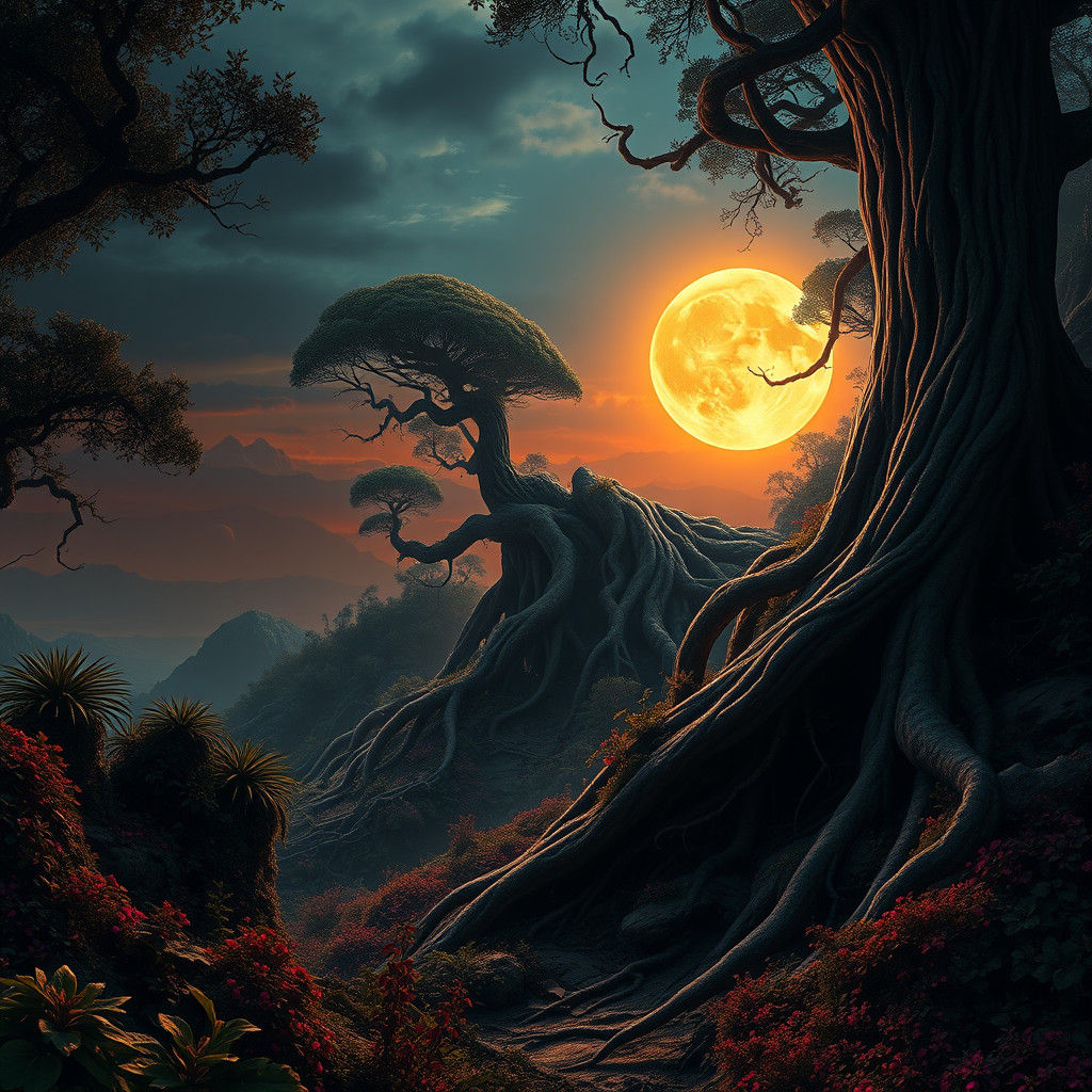 Mystical Moon Sinking into a Fantasy Landscape