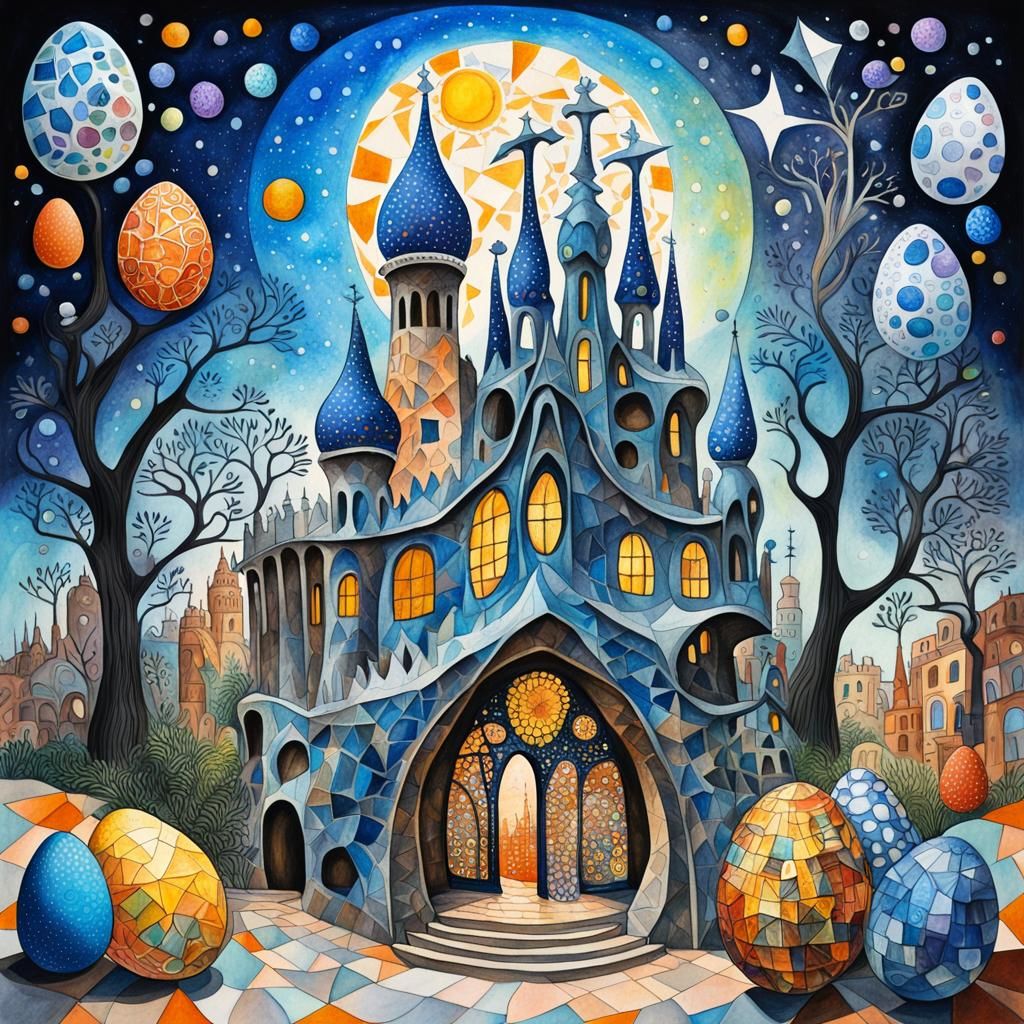 Gaudi-Inspired Whimsical Cubist Storybook Illustration