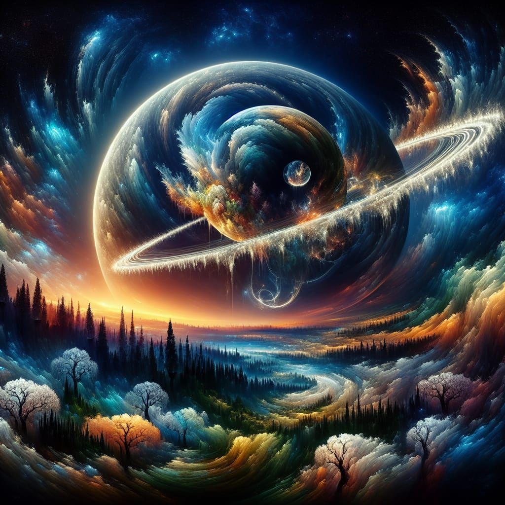 Ringed Planet with Forest and Fractal Thunder