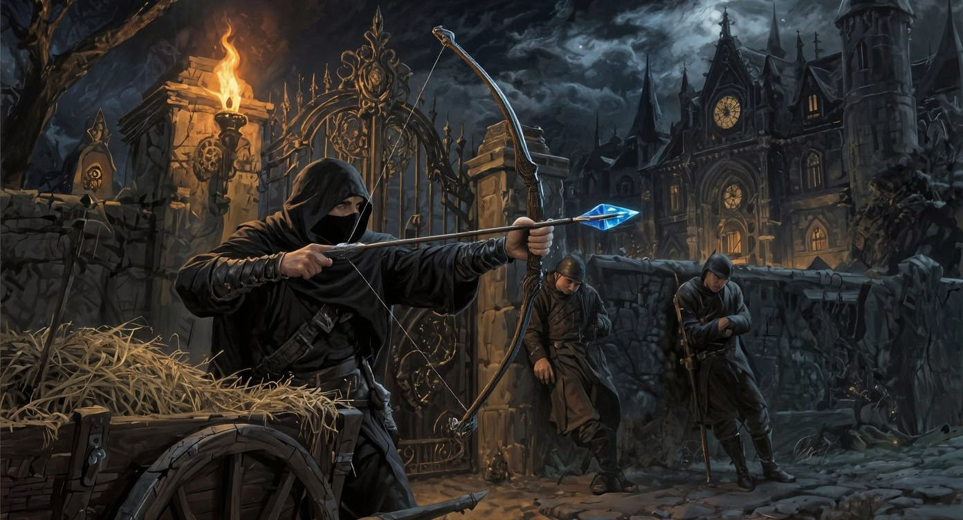 Thief Aiming Arrow at Mansion Gate in Gothic Style