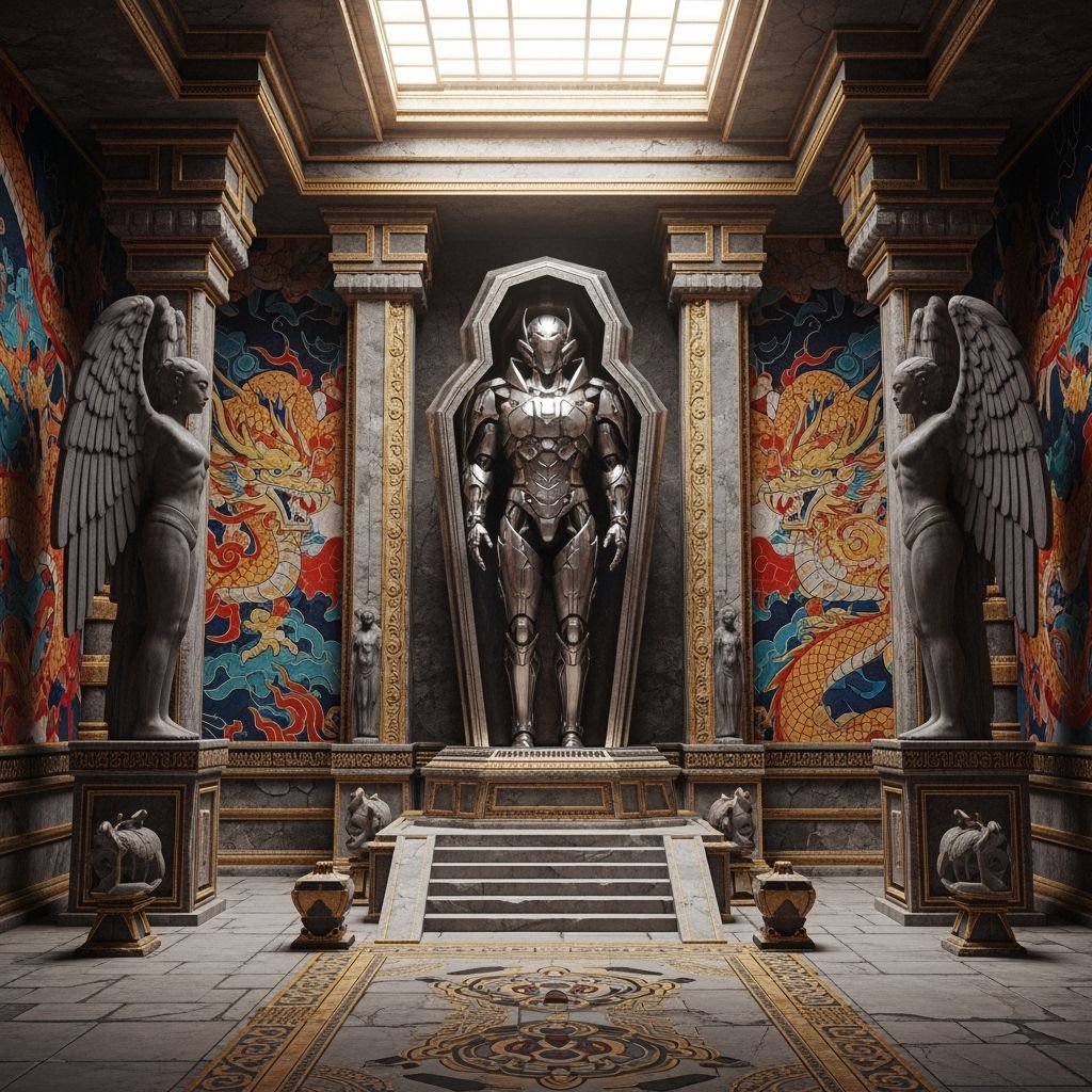 Futuristic Figure in Ancient Tomb: 3D Anime Art