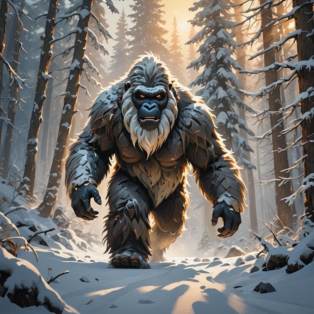 Yeti Walks Through Snowy Forest: Concept Art