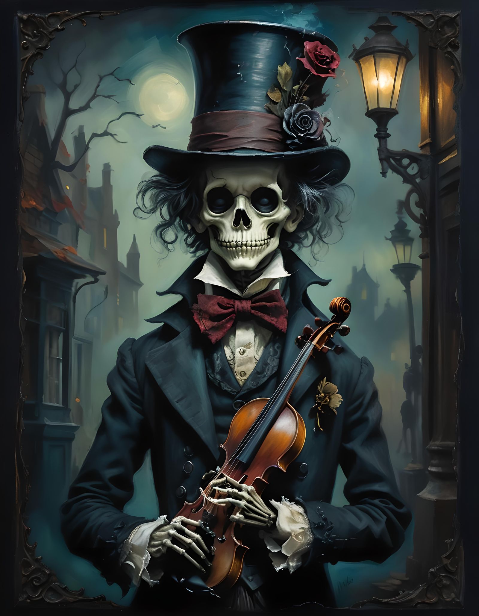 Ghoulish Victorian Boy Playing Violin, Impasto Style