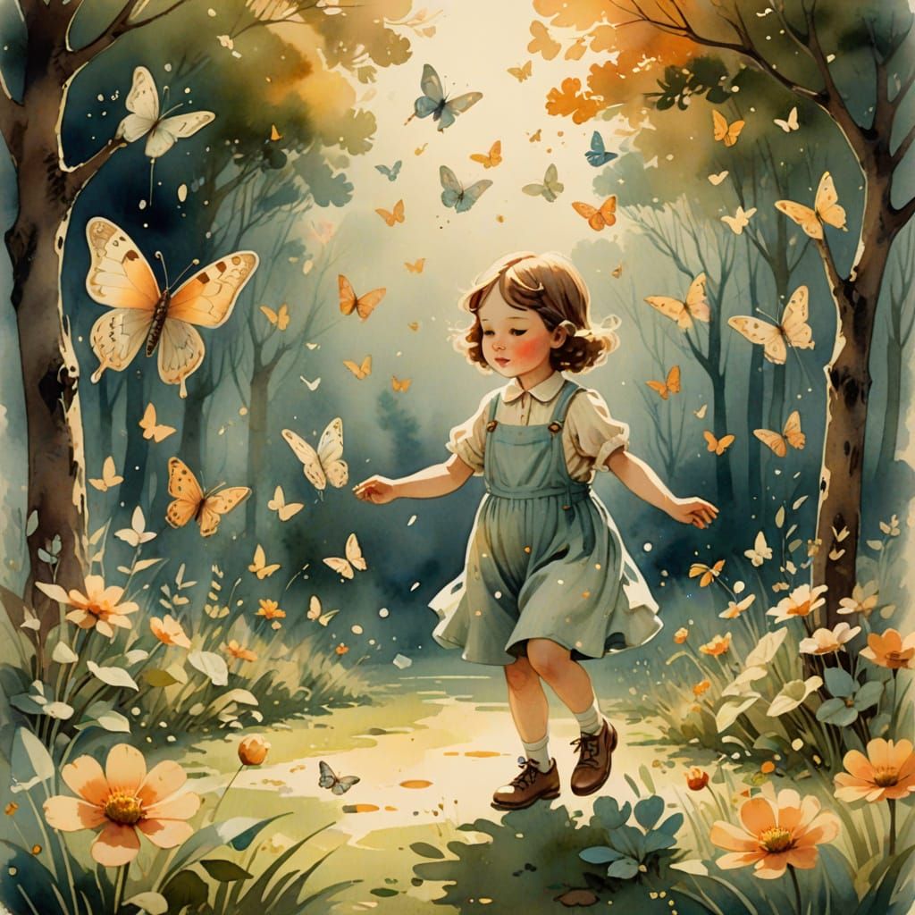 Child with Floating Objects in Watercolor Style