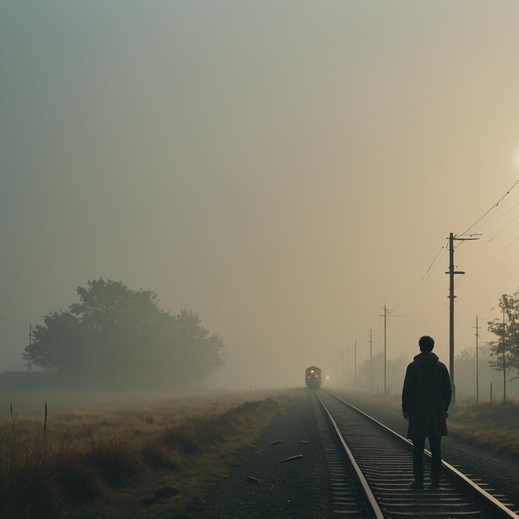 Melancholic Figure Watches Train Disappear in Fog