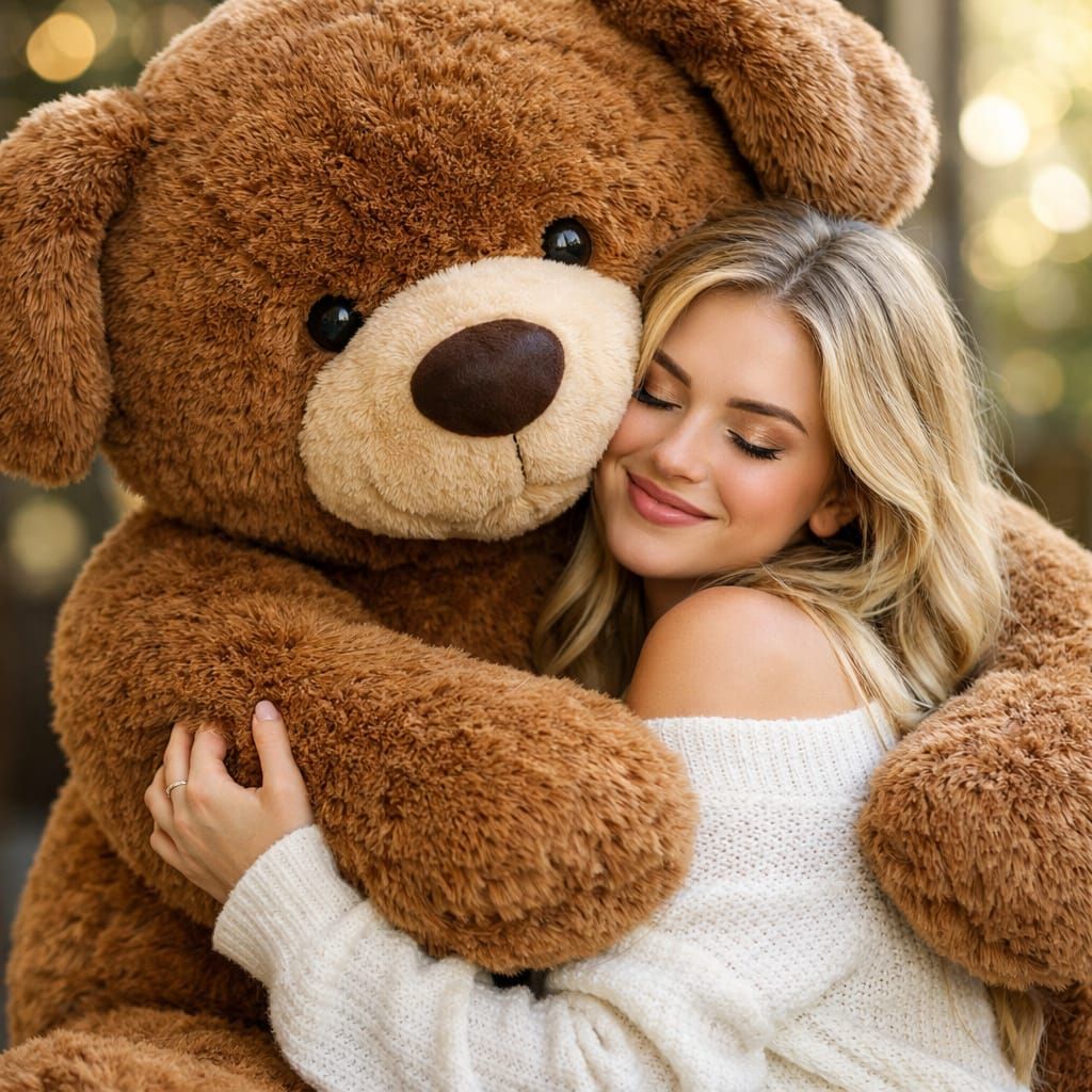 Blonde Girl Hugs Giant Teddy Bear in Professional Photo