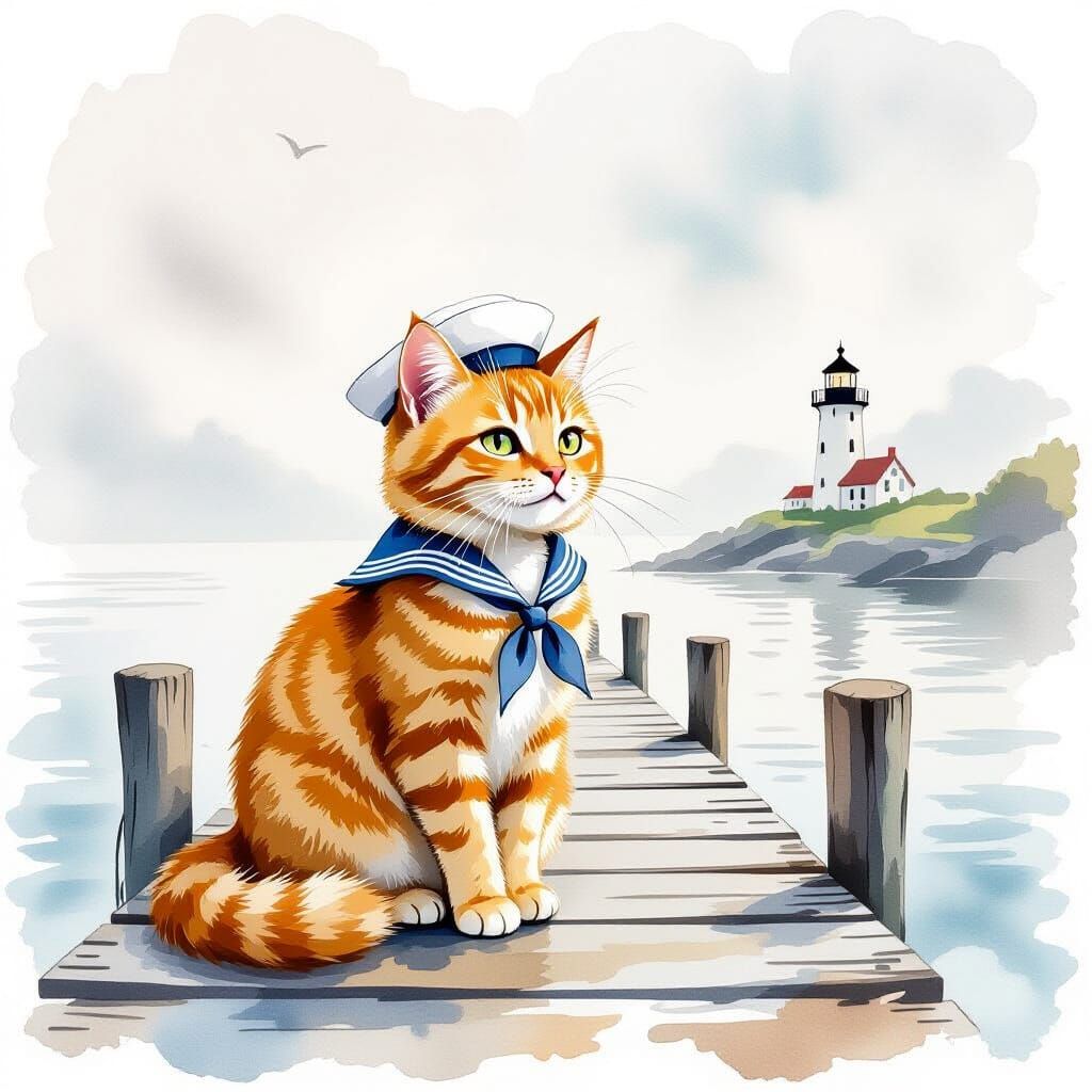 Ginger Cat in Sailor Hat on Misty Pier