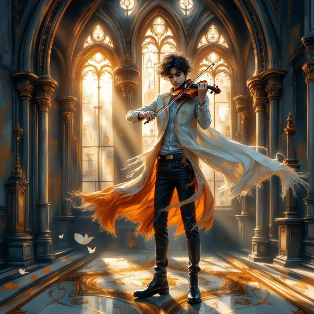 Boy Plays Violin in Cathedral: Impressionistic Style