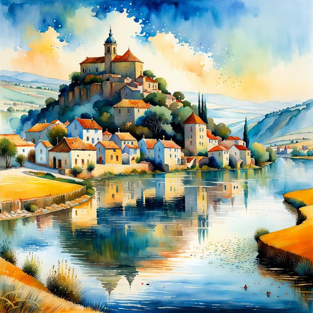 Fantasy Watercolor Landscape of Frias on the Ebro