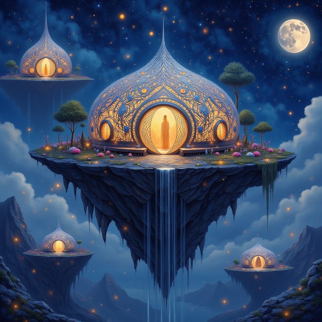 Floating Islands with Sunstone Yurt Homes in Midnight Sky