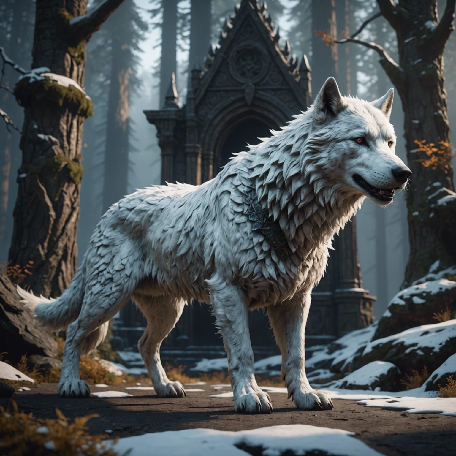 Majestic White Dire Wolf in Detailed Matte Painting