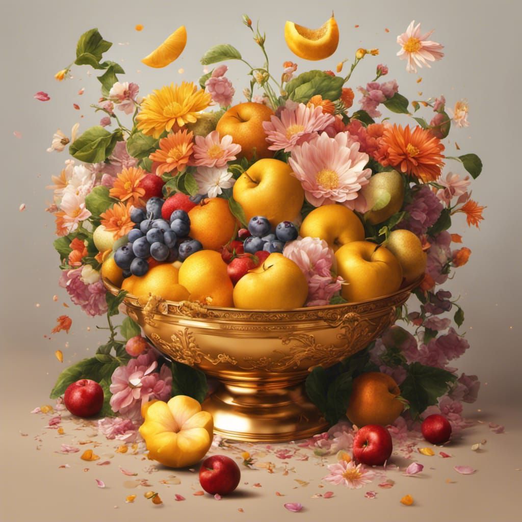 Golden Bowl of Fruit with Flowers, Hyperrealistic Art