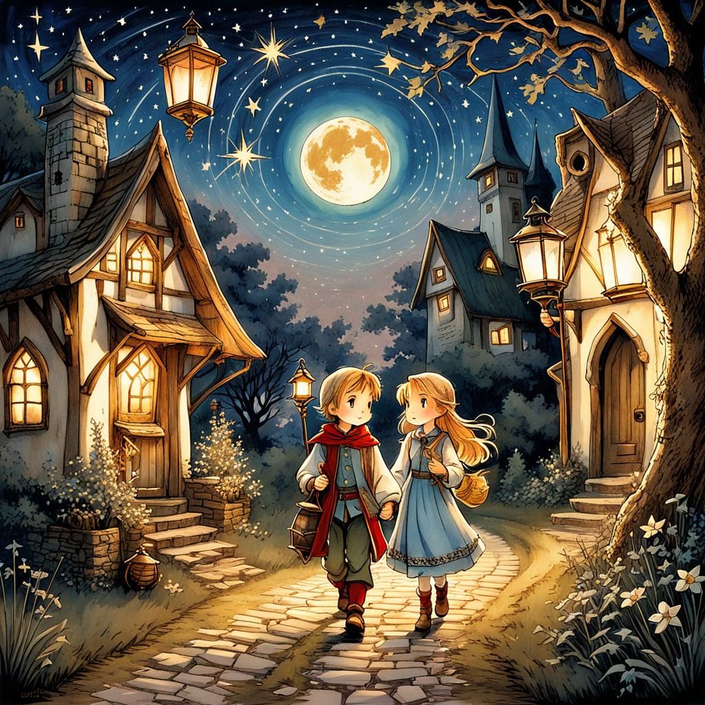 Chibi Siblings' Night Walk in Anime Style