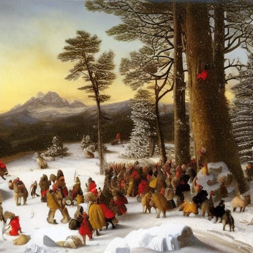 Hedgehogs in Winter Alps Campsite, Oil on Panel Style