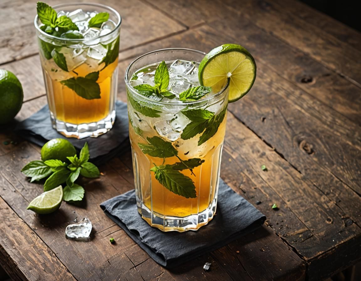 Mojito and Cider: Refreshing Drinks on a Table