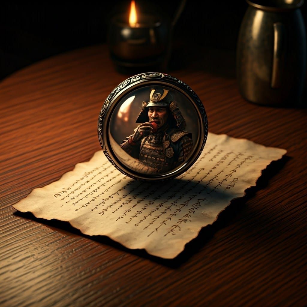 Samurai Warrior Reflected in Ring on Wooden Table